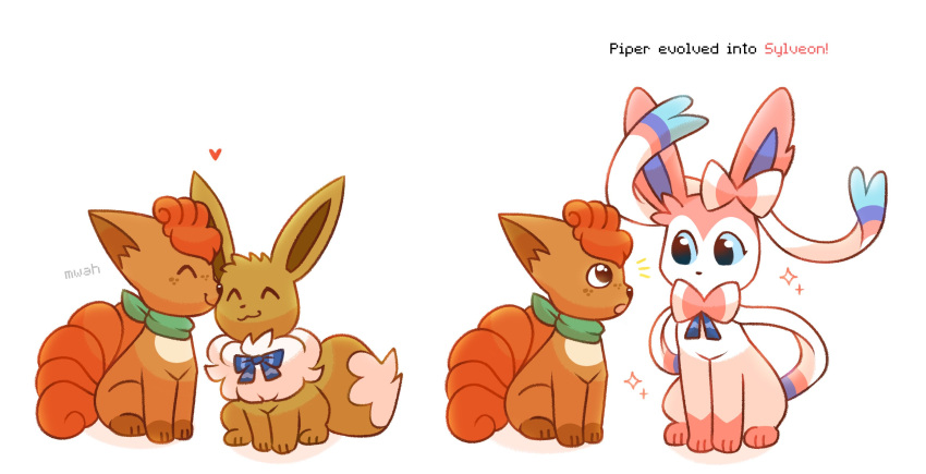 aimer_arts ambiguous_gender bandanna_on_neck bow_ribbon cuddling duo eevee eeveelution evolution evolution_(transformation) feral generation_1_pokemon generation_6_pokemon growth hi_res nintendo pokemon pokemon_(species) pokemon_mystery_dungeon simple_background size_difference surprise sylveon transformation vulpix white_background