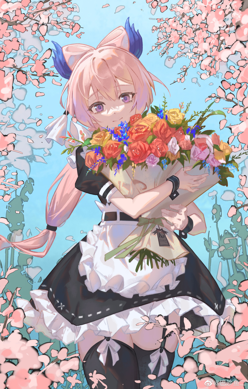 1girl absurdres apron ba_sha_yu_er black_skirt black_thighhighs black_wrist_cuffs blue_background blue_flower bouquet bow bow-shaped_hair bow_legwear branch cowboy_shot dress flower frilled_apron frills garter_straps genshin_impact hands_up head_tilt highres holding holding_bouquet looking_at_viewer low_ponytail petals pink_flower pink_hair pink_rose puffy_short_sleeves puffy_sleeves purple_eyes red_flower red_rose rose sangonomiya_kokomi short_dress short_sleeves skirt smile solo thighhighs weibo_logo weibo_username white_apron white_bow wrist_cuffs yellow_flower yellow_rose