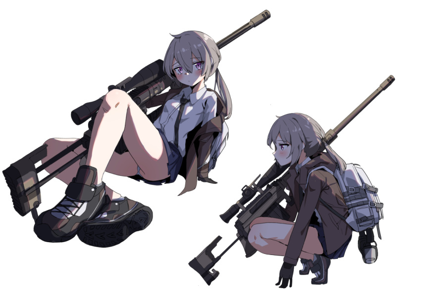 1girl backpack bag black_necktie blush bolt_action cheytac_m200 collared_shirt crossed_ankles double-parted_bangs earmuffs full_body girls'_frontline grey_hair gun hair_between_eyes holding holding_bag holding_gun holding_weapon jacket kkusak_(kkusag_ks) loose_necktie m200_(girls'_frontline) medium_hair multiple_views necktie open_clothes open_jacket panties pantyshot pleated_skirt ponytail purple_eyes rifle shirt shirt_tucked_in shoes sitting skirt sneakers sniper_rifle squatting underwear weapon white_background white_panties