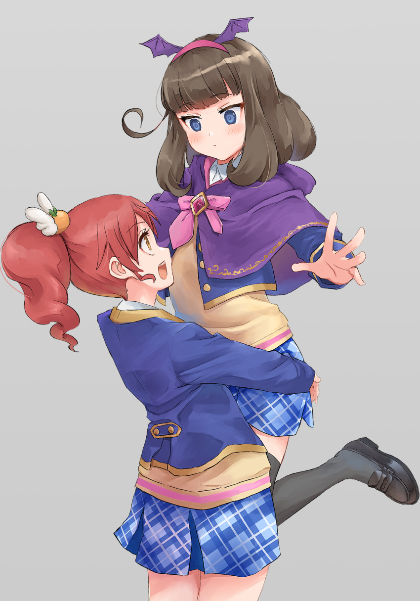 2girls :d black_footwear black_hair blazer blue_eyes blue_jacket blue_skirt blush brown_eyes capelet closed_mouth collared_shirt commentary_request dress_shirt eye_contact fake_wings grey_background grey_thighhighs hairband highres hood hood_down hooded_capelet hug jacket kurosu_aroma lifting_person loafers long_sleeves looking_at_another multiple_girls okiru open_clothes open_jacket pink_hairband plaid plaid_skirt pleated_skirt ponytail pretty_series pripara profile purple_capelet red_hair shiratama_mikan shirt shoes simple_background skirt smile sweater_vest thighhighs white_shirt winged_hairband wings