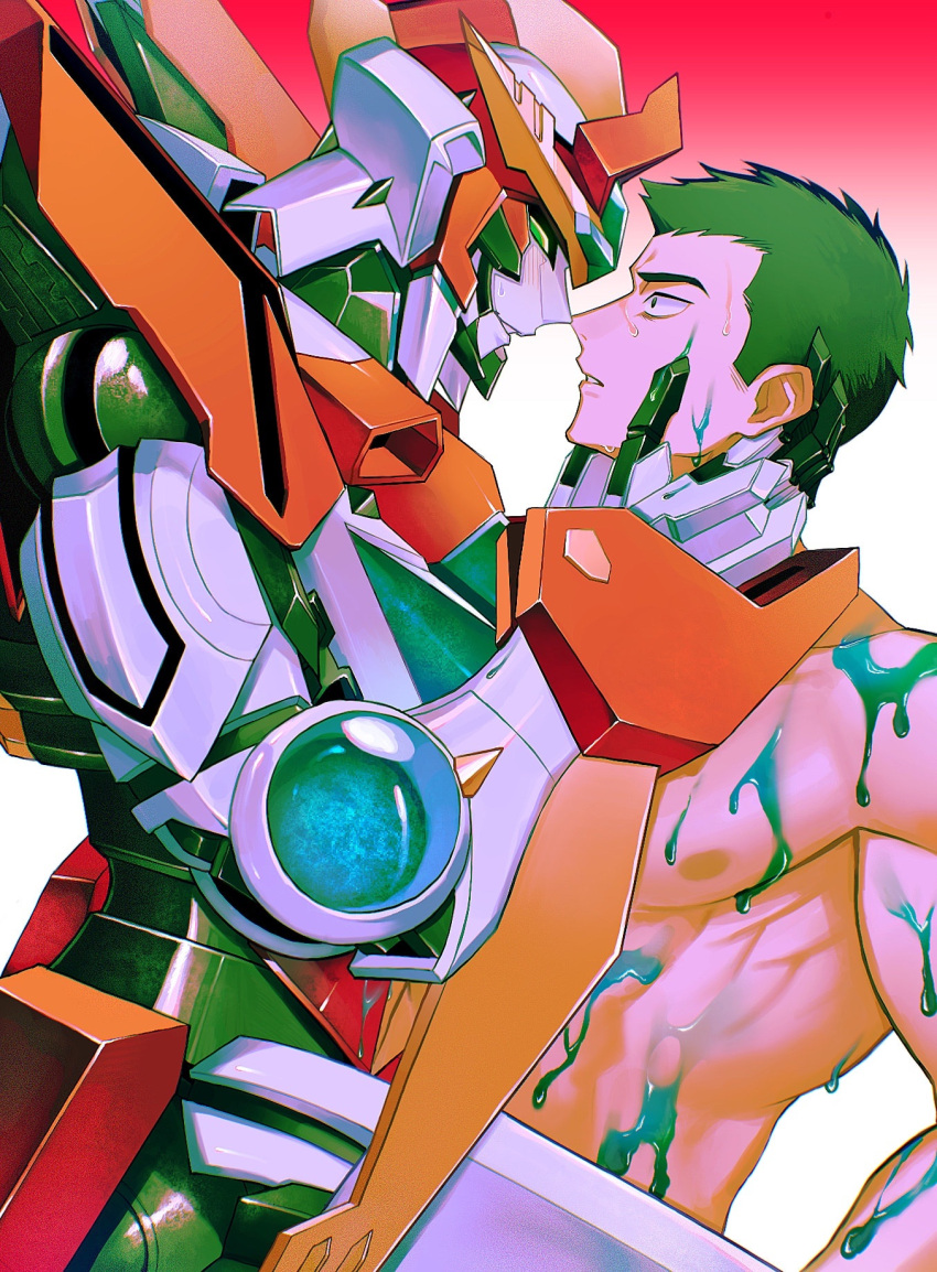 2boys alternate_size ao_isami bara blush bravern collarbone eye_contact face-to-face facial_hair gradient_background green_eyes head_grab highres kuruto. looking_at_another male_focus mecha multiple_boys muscular muscular_male nude obliques robot sanpaku short_hair sideburns sideburns_stubble straddling stubble suggestive_fluid super_robot sweat upright_straddle yaoi yuuki_bakuhatsu_bang_bravern