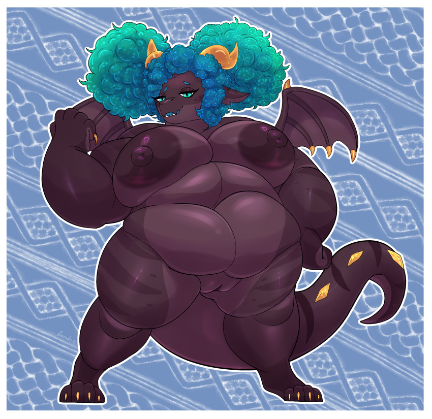 abdominal_bulge afro anthro attitude belly big_breasts big_tail big_tummy black_body breasts dark_body dark_skin dragon female full-length_portrait genitals greenzlie hair hi_res huge_tail nude obese obese_anthro oil overweight overweight_anthro pigtails portrait pose pussy scalie slightly_chubby slightly_chubby_female small_wings solo tail wings