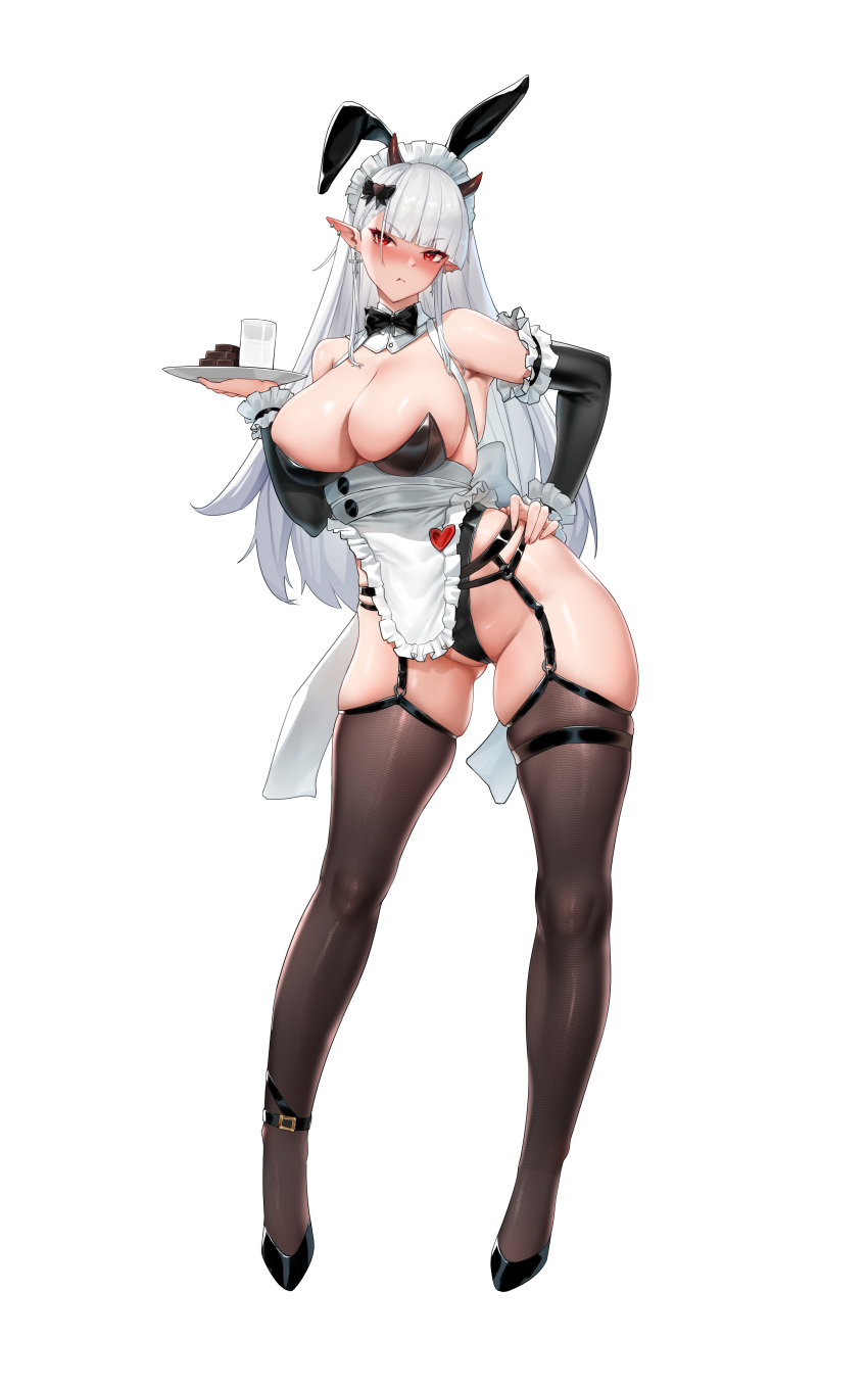 1girl absurdres animal_ears apron ass_visible_through_thighs bare_shoulders black_bow black_bowtie black_footwear black_leotard black_sleeves black_thighhighs blunt_bangs blush bow bowtie breasts brownie_(food) closed_mouth commission contrapposto cross cross_earrings cup demon_horns detached_collar detached_sleeves drinking_glass earclip earrings fake_animal_ears fingernails frilled_apron frilled_sleeves frills full_body garter_belt grey_hair hair_bow hand_on_own_hip heart highleg highleg_leotard highres holding holding_plate horns jewelry large_breasts leaning_to_the_side leotard long_fingernails long_hair looking_at_viewer maid milk o-ring original pixiv_commission plate playboy_bunny pointy_ears pout rabbit_ears red_eyes shuiruoqing simple_background skindentation solo standing strapless strapless_leotard tachi-e thighhighs v-shaped_eyebrows very_long_hair waist_apron white_apron white_background