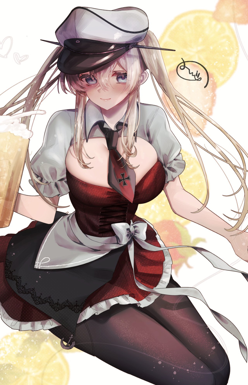 1girl alcohol alternate_costume anchor_ornament apron beer beer_mug black_apron black_pantyhose blonde_hair blue_eyes breasts collared_shirt cup dirndl dress feet_out_of_frame german_clothes graf_zeppelin_(kancolle) hat highres kantai_collection large_breasts long_hair looking_at_viewer mizoredama1 mug pantyhose peaked_cap red_dress shirt shrug_(clothing) sidelocks solo twintails waist_apron white_headwear white_shirt