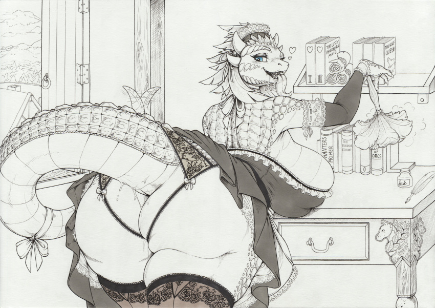 absurd_res anthro argonian bethesda_softworks big_breasts big_butt biped bodily_fluids breasts butt clothed clothing drooling eyelashes female genital_fluids hi_res huge_butt legwear longinius looking_back maid_uniform pupils saliva scalie the_elder_scrolls thick_thighs thigh_highs tongue tongue_out uniform vaginal_fluids