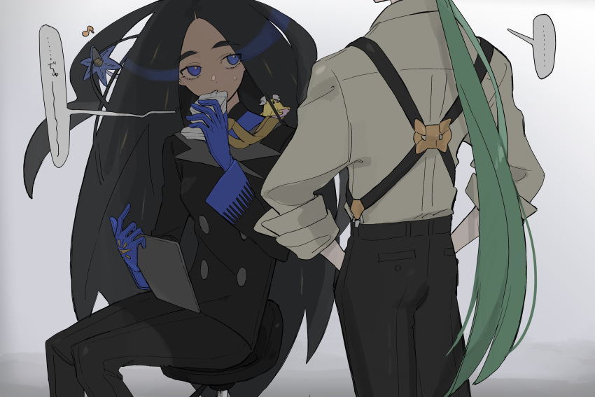 ... 2girls absurdres black_hair black_jacket black_pants blue_eyes blue_gloves buttons commentary_request flittle geeta_(pokemon) glimmet gloves green_hair highres holding jacket long_hair long_sleeves looking_to_the_side multiple_girls musical_note ningenmi_aru pants pokemon pokemon_(creature) pokemon_sv rika_(pokemon) shirt sitting sleeves_rolled_up speech_bubble spoken_ellipsis stool sweatdrop