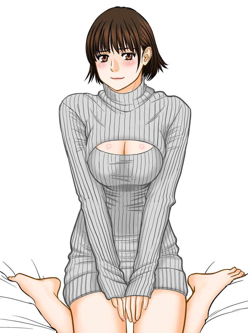 1girl absurdres barefoot bed_sheet breasts brown_eyes brown_hair cleavage_cutout clothing_cutout grey_sweater hands_on_own_thighs highres light_smile looking_at_viewer no_pants ohtanijiro original short_hair simple_background sitting solo striped_clothes striped_sweater sweater toenails vertical-striped_sweater wariza white_background