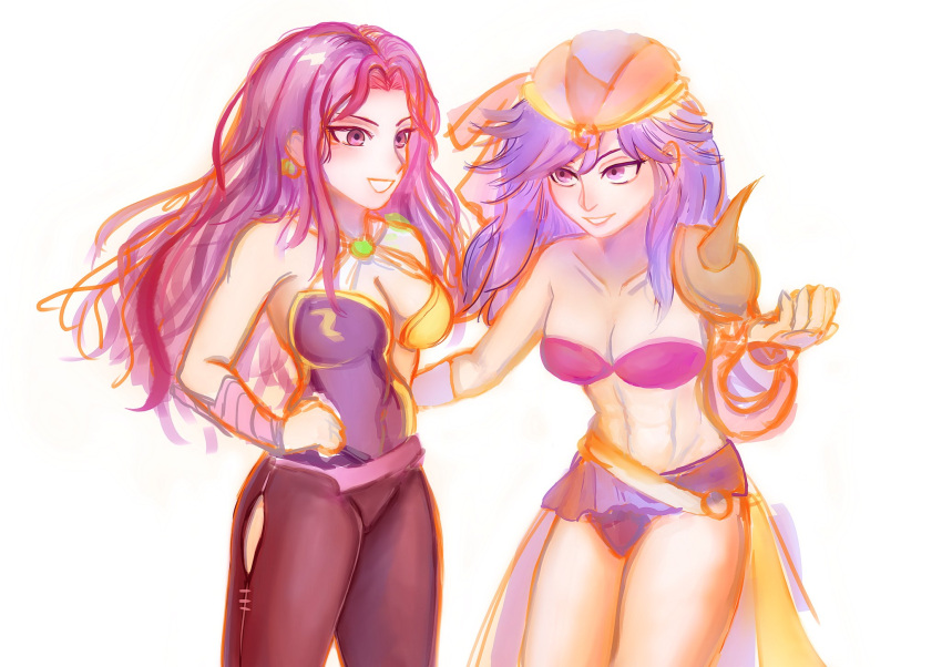 2girls bandana bra breasts cleavage elbow_gloves fairylam final_fantasy final_fantasy_ii gloves highres holding_hands large_breasts looking_ahead looking_at_another maria_(ff2) midriff multiple_girls purple_eyes purple_hair reila smile solo underwear upper_body white_background