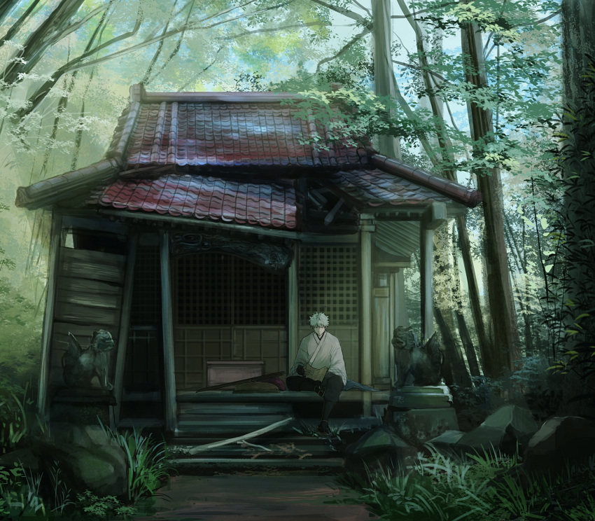 1boy absurdres architecture commentary east_asian_architecture forest full_body gintama highres holding holding_map japanese_clothes kimono komainu male_focus map nature outdoors ruins sakata_gintoki sandals shooogun shrine sitting solo tabi white_hair zouri