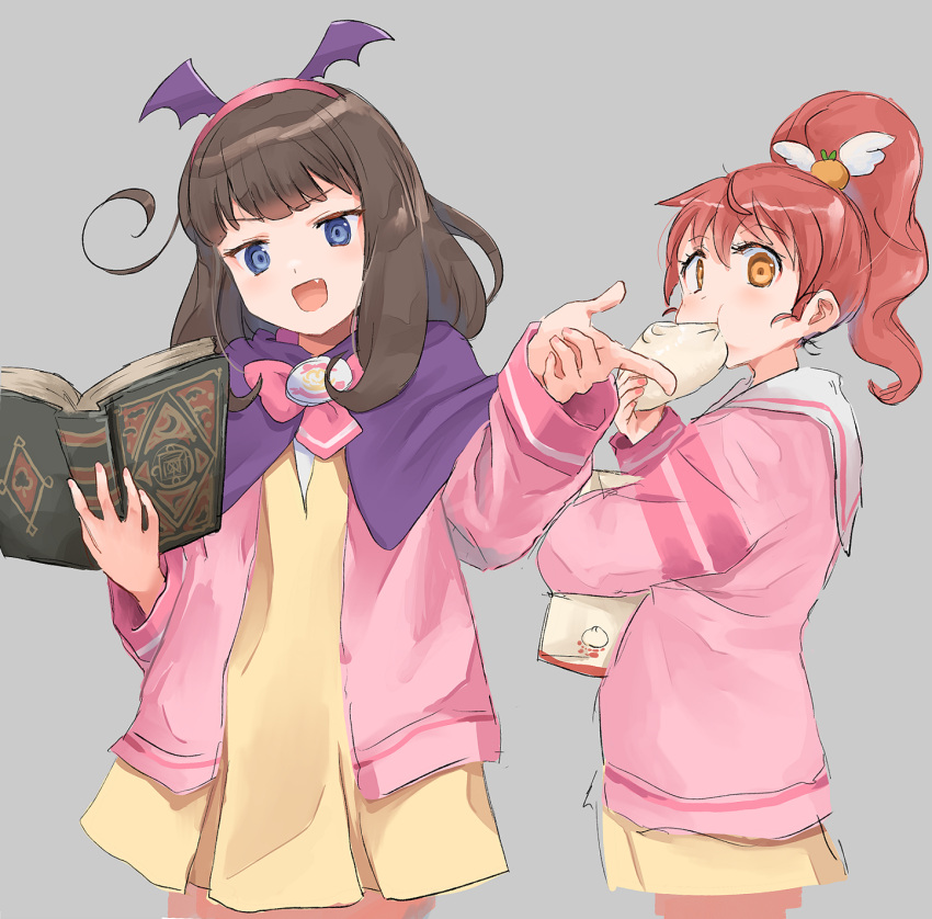 2girls :d bag baozi black_hair blue_eyes book brown_hair commentary_request dress eating fake_wings fang food grey_background hair_between_eyes hairband high_ponytail highres holding holding_book holding_food hugging_object jacket kurosu_aroma long_sleeves multiple_girls okiru open_book open_clothes open_jacket orange_eyes paper_bag pink_hairband pink_jacket pleated_dress ponytail pretty_series pripara shiratama_mikan simple_background smile wide_sleeves winged_hairband wings yellow_dress