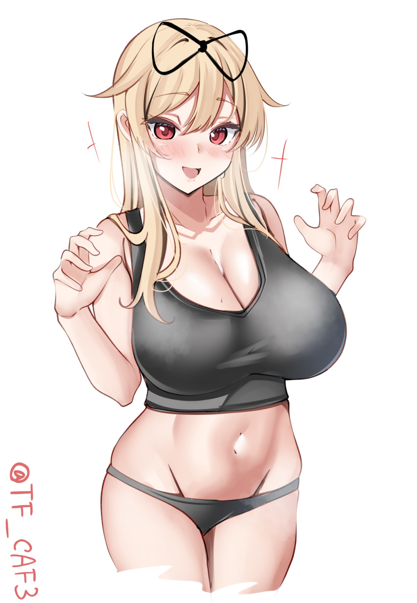 1girl alternate_breast_size blonde_hair blush bra breasts cleavage collarbone cowboy_shot grey_bra grey_panties hair_flaps hair_ornament hair_ribbon hairclip highres kantai_collection large_breasts legs_together long_hair looking_at_viewer navel panties red_eyes ribbon simple_background smile solo sports_bra tf_cafe twitter_username underwear underwear_only white_background yuudachi_(kancolle) yuudachi_kai_ni_(kancolle)