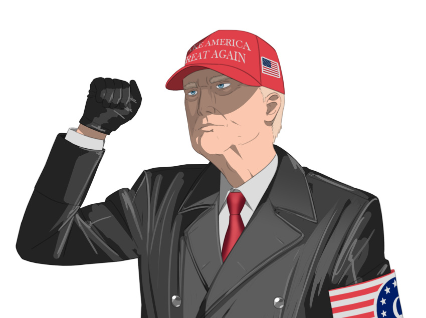 1boy american_flag american_flag_print armband black_cat03 black_coat black_gloves blonde_hair blue_eyes clenched_hand coat collared_shirt donald_trump flag_print gloves highres make_america_great_again male_focus necktie qanon real_life red_headwear red_necktie shirt simple_background solo white_background white_shirt