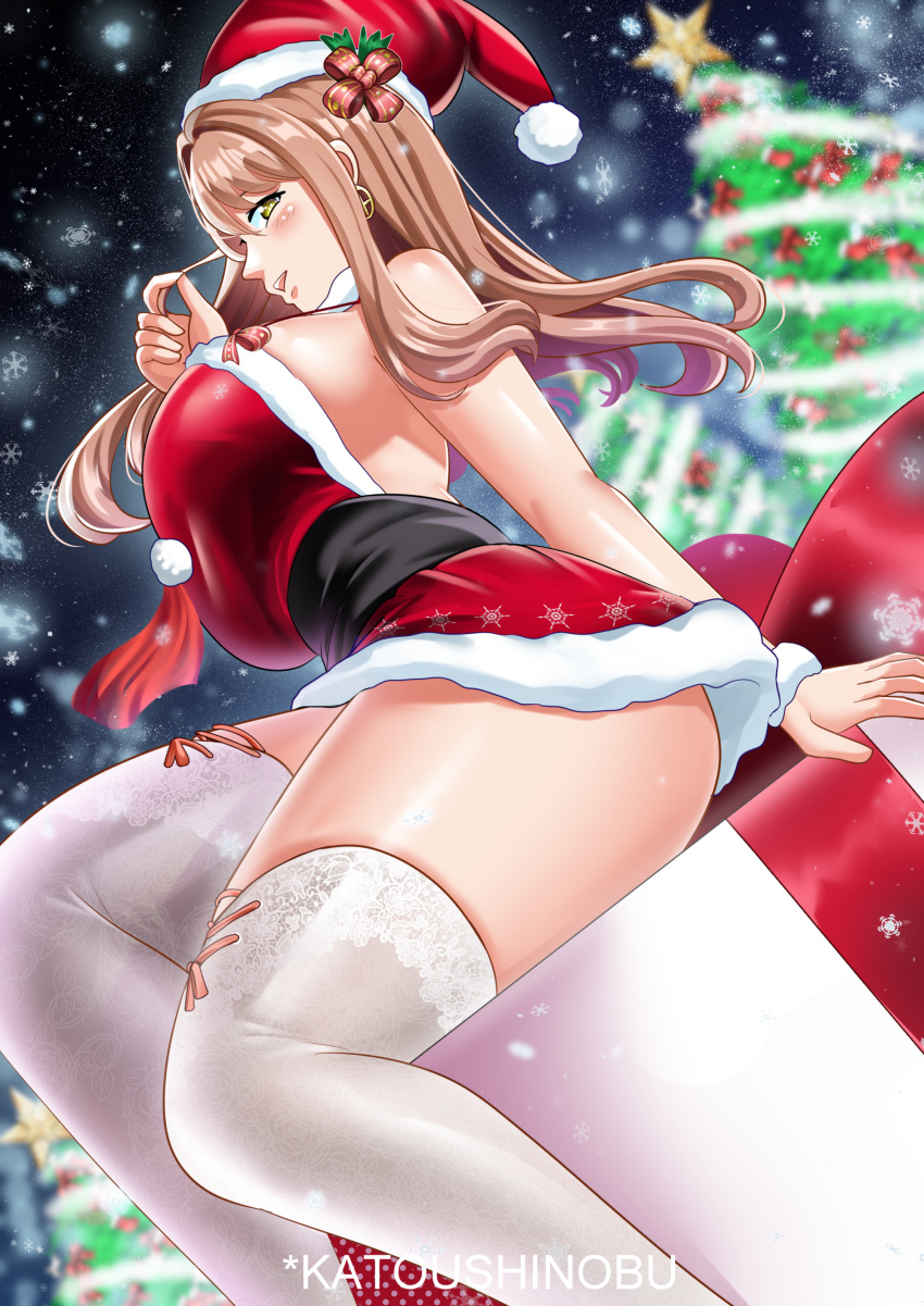 absurdres christmas christmas_tree dress emma_(color_me_red)_(nikke) emma_(nikke) goddess_of_victory:_nikke hat highres katou_shinobu light_brown_hair long_hair looking_at_viewer neck_ribbon official_alternate_costume open_mouth panties pantyshot pom_pom_(clothes) red_dress red_footwear red_panties red_ribbon ribbon santa_hat sleeveless sleeveless_dress smile solo underwear