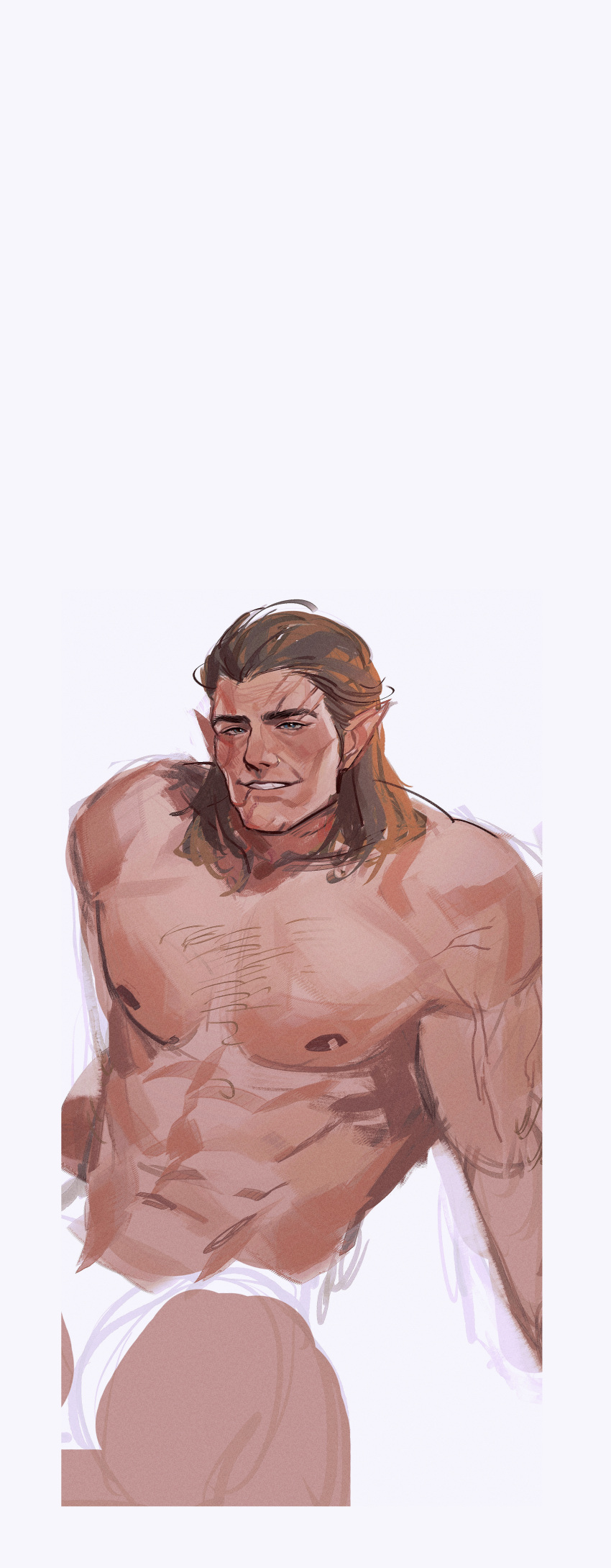 1boy abs absurdres baldur's_gate baldur's_gate_3 bara dungeons_and_dragons feet_out_of_frame halsin highres lehmann looking_at_viewer male_focus mature_male medium_hair muscular muscular_male navel navel_hair negative_space nipples pointy_ears seductive_smile sketch smile solo sparse_chest_hair stomach thick_eyebrows