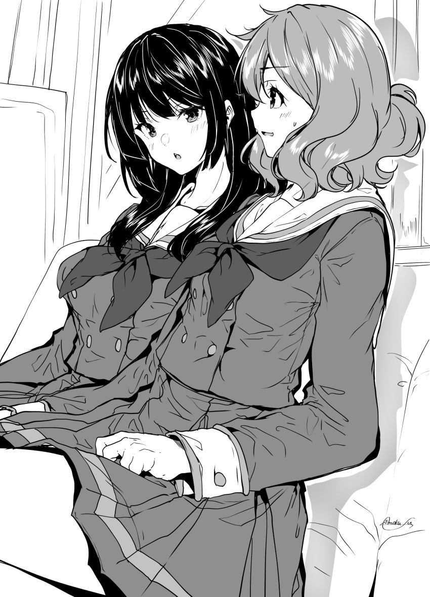 2girls blush breasts greyscale hair_between_eyes hibike!_euphonium highres kousaka_reina long_hair long_sleeves medium_breasts mokufuu monochrome multiple_girls neckerchief oumae_kumiko parted_lips pleated_skirt profile sailor_collar school_uniform serafuku shirt sitting skirt small_breasts smile sweat