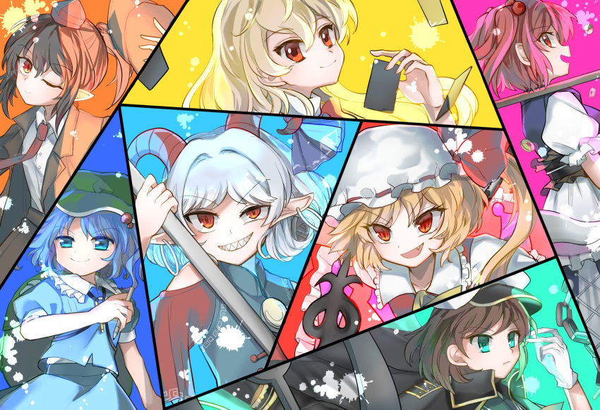 100th_black_market 6+girls ability_card_(touhou) anchor ascot backpack bag bare_shoulders black_coat black_hair black_sash blonde_hair blue_background blue_dress blue_eyes blue_hair blue_kimono blue_skirt brown_hair brown_headwear brown_jacket brown_shorts cabbie_hat chain closed_mouth coat coat_on_shoulders coin collared_shirt curly_hair dress earrings fang flandre_scarlet flat_cap frilled_skirt frills gloves green_background green_bag green_headwear grin hair_bobbles hair_ornament happy hat hat_ribbon highres holding holding_pencil holding_scythe holding_utensil jacket japanese_clothes jewelry kawashiro_nitori key key_necklace kimono kimono_dress kirisame_marisa laevatein_(touhou) long_hair lotus_eaters mandarin_collar medium_hair mirei_(miirei) mob_cap multiple_girls murasa_minamitsu necklace necktie one_eye_closed onozuka_komachi open_mouth orange_hair pencil pink_background pointy_ears puffy_short_sleeves puffy_sleeves red_background red_eyes red_hair red_headwear red_necktie red_ribbon red_skirt red_sleeves red_vest ribbon sailor_hat sash scythe shameimaru_aya shameimaru_aya_(newsboy) sharp_teeth shirt short_ponytail short_sleeves shorts simple_background skirt smile sunken_fossil_world teeth tokin_hat touhou toutetsu_yuuma turtleneck two_side_up unworn_headwear upper_body vest white_gloves white_hair white_headwear white_shirt yellow_ascot yellow_background