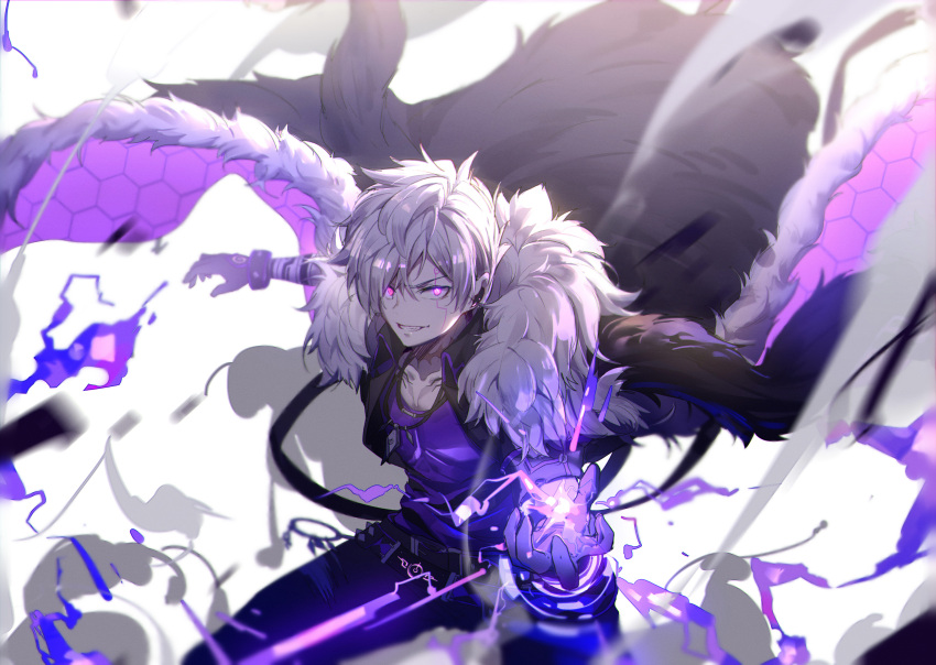 1boy absurdres add_(elsword) belt black_pants coat doom_bringer_(elsword) electricity elsword energy facial_mark fur_trim gloves glowing glowing_eyes grin highres jacket jewelry looking_at_viewer male_focus necklace pants plasma purple_eyes purple_shirt purple_theme shirt smile solo white_hair yumuto_(spring1786)