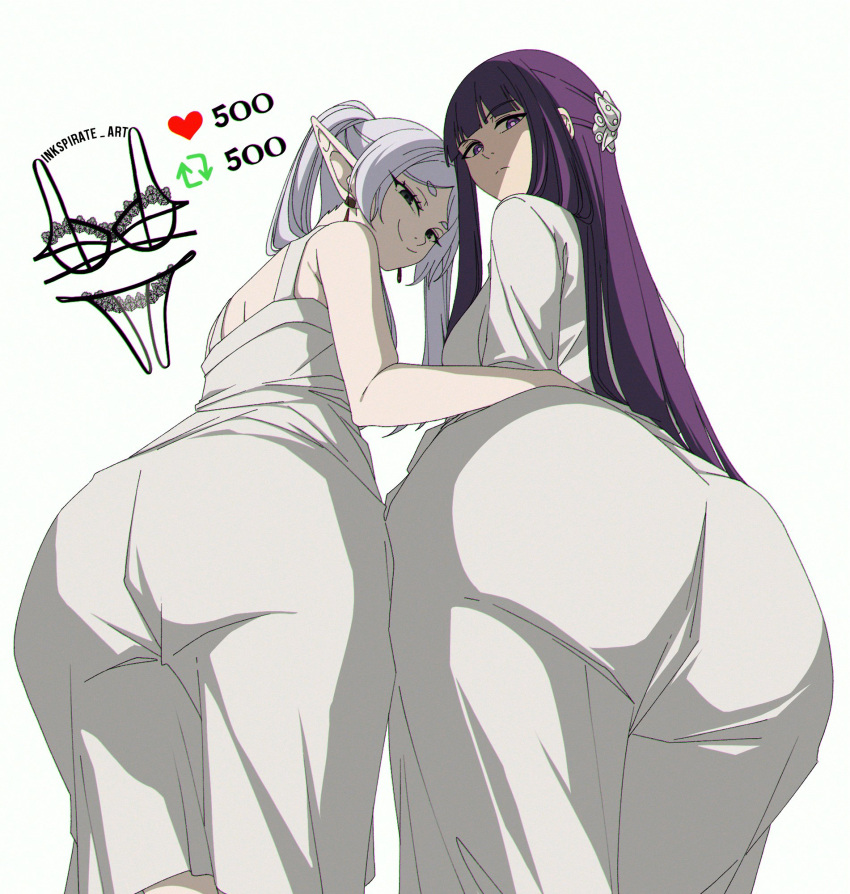 2girls artist_name ass ass_focus blunt_bangs commentary cowboy_shot dangle_earrings dress earrings elf english_commentary fern_(sousou_no_frieren) frieren from_behind from_below green_eyes grin half-closed_eyes hand_on_another's_back highres inkspirate jewelry like_and_retweet long_hair looking_at_viewer looking_back multiple_girls parted_bangs pointy_ears purple_eyes purple_hair short_eyebrows simple_background smile sousou_no_frieren standing thick_eyebrows twintails white_background white_dress white_hair