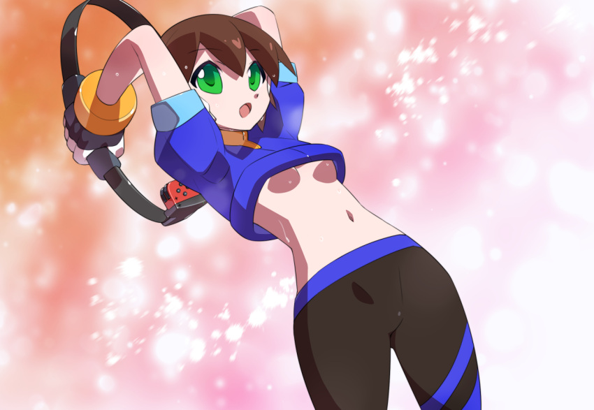 1girl aile_(mega_man_zx) armpits arms_behind_back black_pants blue_jacket brown_hair collarbone commentary_request cropped_jacket green_eyes jacket joy-con kaidou_zx mega_man_(series) mega_man_zx midriff navel pants ring_fit_adventure robot_ears short_hair solo sweat variant_set yoga_pants