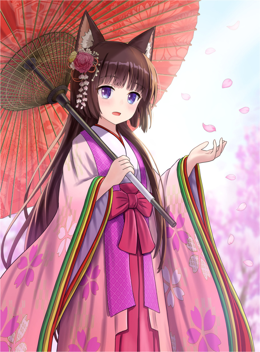 1girl absurdres animal_ear_fluff animal_ears blue_eyes blue_sky brown_hair cat_ears commentary_request day flower hair_flower hair_ornament hakama hakama_skirt hands_up highres hinamatsuri holding holding_umbrella iroha_(iroha_matsurika) japanese_clothes kimono layered_clothes layered_kimono long_hair long_sleeves mutsuki_(iroha_(iroha_matsurika)) oil-paper_umbrella open_clothes open_mouth original outdoors pink_flower pink_hakama red_umbrella skirt sky solo umbrella very_long_hair white_flower white_kimono wide_sleeves yellow_flower