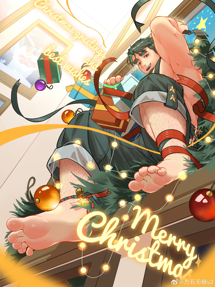 1boy absurdres bara barefoot english_text facial_hair feet foot_focus foreshortening from_below gift goatee green_overalls highres huge_eyebrows large_pectorals looking_at_viewer male_focus merry_christmas muscular muscular_male naked_overalls oc_(kn) original overalls pectorals short_hair sidepec solo thick_leg_hair weibo_logo wutang