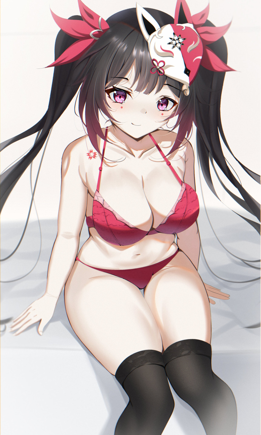 1girl absurdres arms_at_sides black_socks blush bow bra breasts brown_hair chest_tattoo chocolavanilla cleavage closed_mouth collarbone feet_out_of_frame flower_tattoo fox_mask gradient_hair hair_bow highres honkai:_star_rail honkai_(series) knees_together_feet_apart large_breasts looking_at_viewer mask mask_on_head multicolored_hair over-kneehighs panties pink_eyes red_bow red_bra red_hair red_panties sidelocks sitting smile socks solo sparkle_(honkai:_star_rail) tattoo thigh_gap thighhighs twintails underwear
