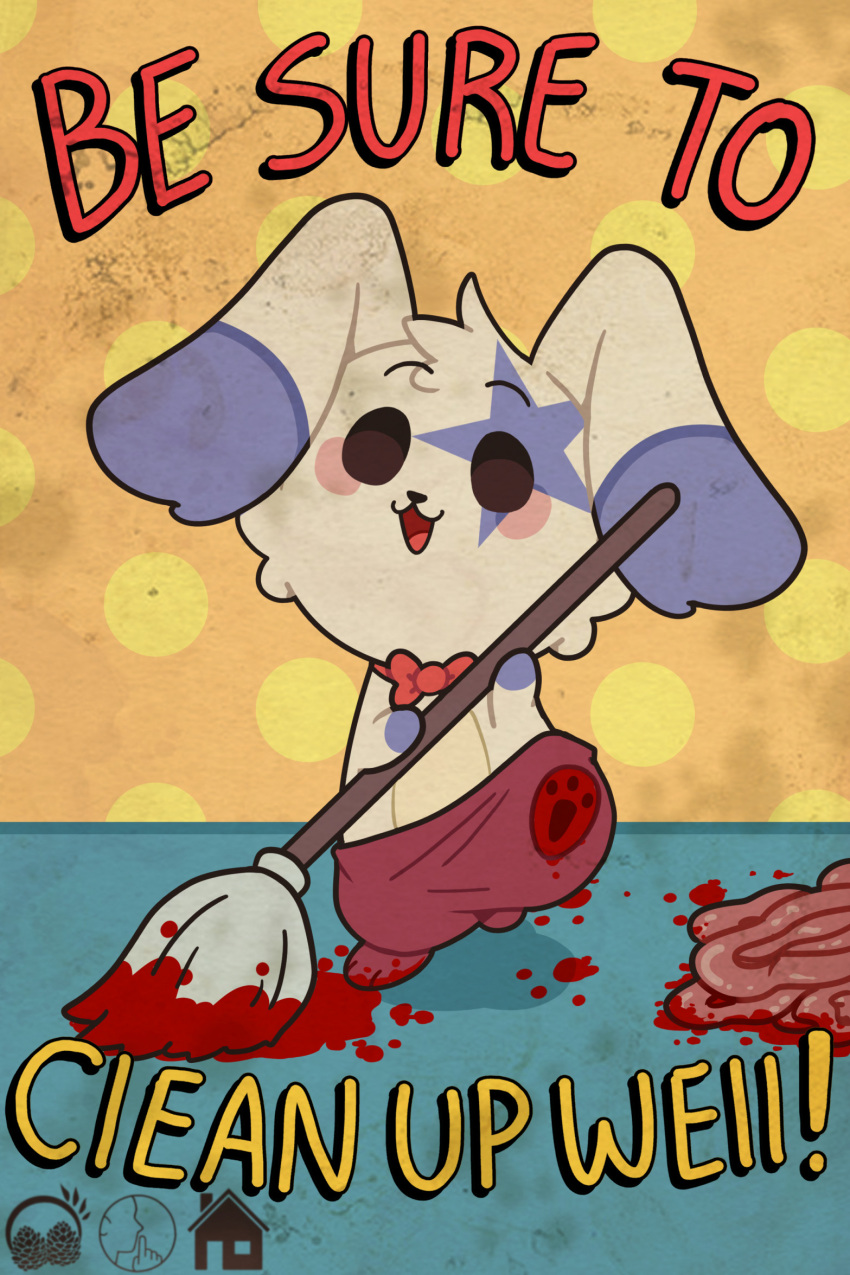 2023 ambiguous_gender anthro bebe_(orcakingu) blood blood_on_foot bodily_fluids bottomwear bow_tie chibi cleaning_tool clothed clothing digital_drawing_(artwork) digital_media_(artwork) dotted_background guts hi_res lagomorph leporid long_ears looking_at_viewer mammal markings mop mopping open_mouth orcakingu organs pants pattern_background rabbit red_bottomwear red_clothing red_pants simple_background solo star_(marking) text topless white_body