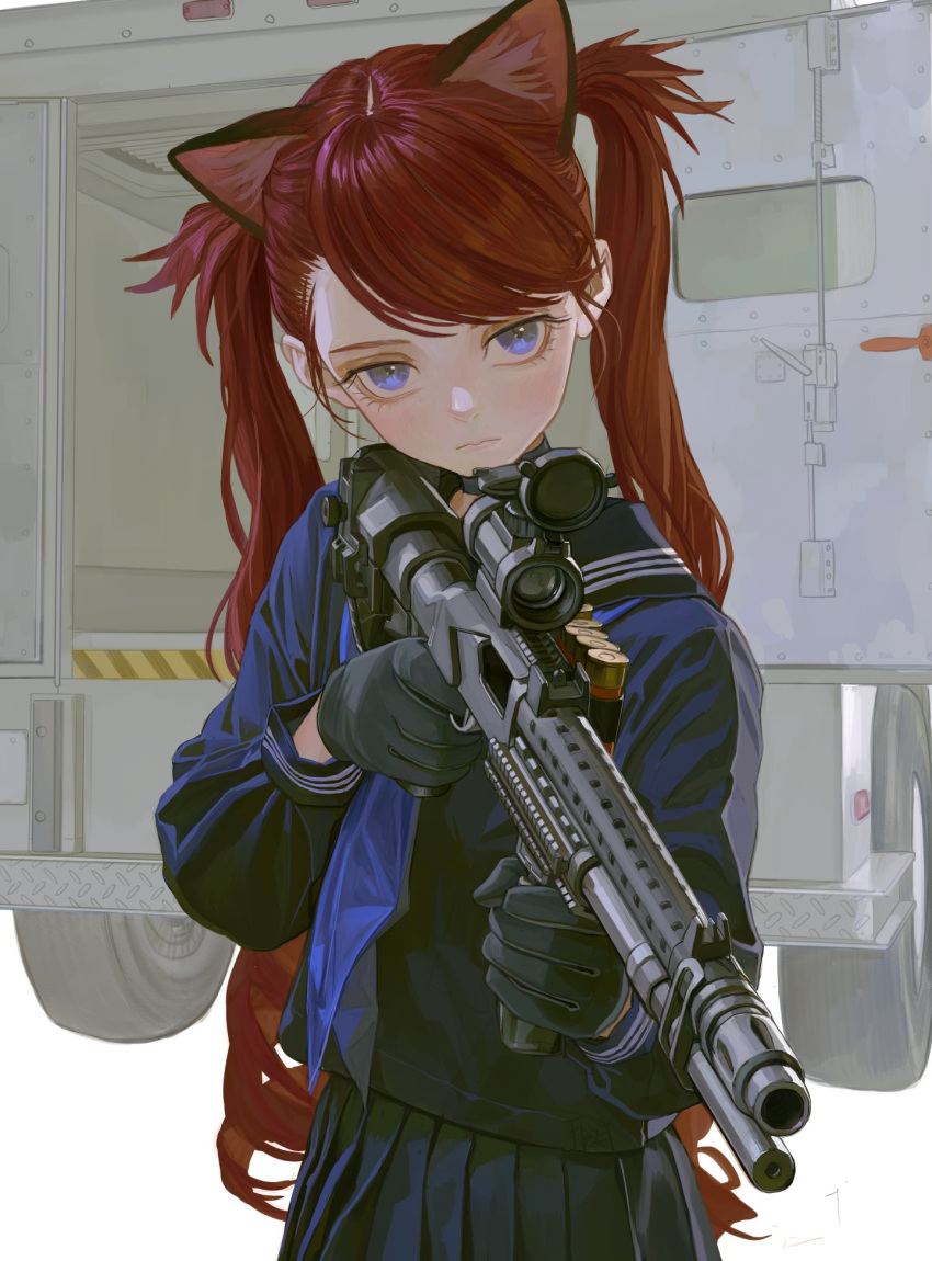 1girl animal_ears animal_hair assault_rifle black_gloves black_sailor_collar blue_eyes blue_neckerchief blue_serafuku blue_shirt blue_skirt blush cat_ears cat_girl closed_mouth commentary expressionless feifei_(fkey) finger_on_trigger fkey gloves gun highres holding holding_gun holding_weapon jitome light_blush long_hair long_sleeves looking_at_viewer motor_vehicle neckerchief original pale_skin pleated_skirt red_hair rifle sailor_collar school_uniform scope serafuku shirt shotgun shotgun_shell skirt solo swept_bangs symbol-only_commentary truck twintails upper_body vertical_foregrip weapon weapon_request