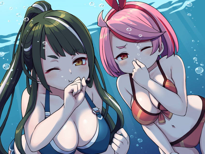 2girls ;t air_bubble bare_arms bare_shoulders bikini blue_bikini breasts brown_eyes bubble cleavage closed_mouth commentary_request commission copyright_request green_hair hair_ribbon hairband holding_breath large_breasts long_hair multicolored_hair multiple_girls navel one_eye_closed pink_hair pixiv_commission ponytail red_bikini red_eyes red_hair red_hairband red_ribbon ribbon streaked_hair swimsuit tsunaso_(lack_of_sunlight) underwater very_long_hair water white_hair