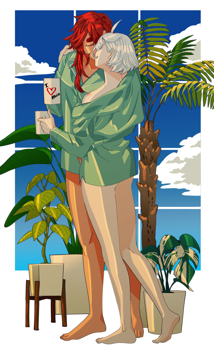 2girls absurdres ahoge arm_around_neck bare_legs barefoot bite_mark blue_sky bottomless cloud coffee_mug commentary_request cup dark-skinned_female dark_skin day full_body green_shirt gundam gundam_suisei_no_majo highres holding holding_cup kiss korean_commentary long_hair long_sleeves miorine_rembran mug multiple_girls plant potted_plant red_hair shirt short_hair simple_background sky snapagi standing suletta_mercury thick_eyebrows white_background white_hair window yuri