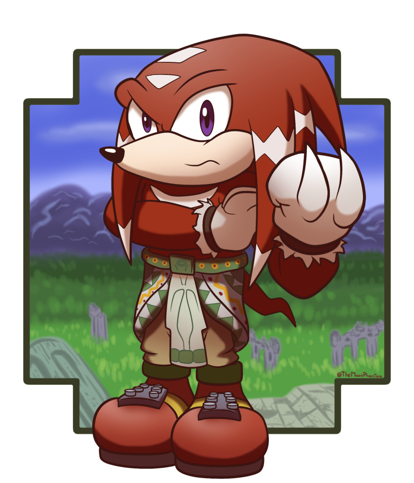 2024 anthro biped black_nose blue_eyes clothed clothing countershade_face countershading day echidna footwear front_view gloves grass handwear hi_res knuckles_the_echidna looking_at_viewer male mammal monotreme outside plant red_body sega shadowwalk solo sonic_the_hedgehog_(series) standing tribal tribal_clothing white_clothing white_gloves white_handwear