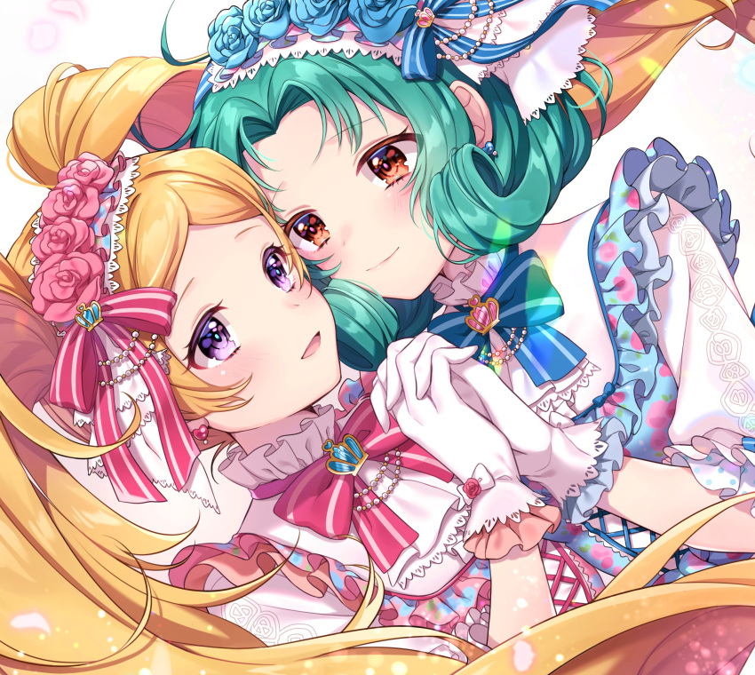 1girl 2girls absurdres blonde_hair blue_bow blue_bowtie blue_dress blue_flower blue_ribbon blush bow bowtie breasts brown_eyes charlotte_charlotte_(idolmaster) closed_mouth curly_hair dot_nose dress dutch_angle earrings emily_stewart falling_petals floating_hair floral_print_dress flower gloves green_hair hair_bow hair_flower hair_ornament hair_ribbon hairband hand_up highres holding_hands idolmaster idolmaster_million_live! idolmaster_million_live!_theater_days interlocked_fingers jewelry long_hair looking_at_another medium_breasts medium_hair multiple_girls open_mouth parted_bangs petals pink_bow pink_bowtie pink_dress pink_flower pink_ribbon purple_eyes rainbow_gradient ribbon short_sleeves simple_background small_breasts smile tokugawa_matsuri twintails upper_body usano white_background white_gloves white_hairband