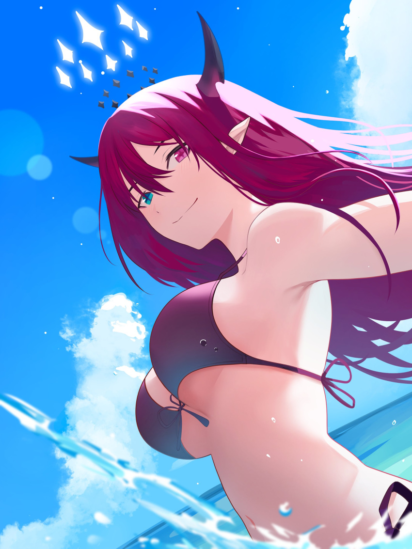 1girl absurdres bare_shoulders bikini black_bikini blue_eyes blue_sky closed_mouth cloud cloudy_sky cowboy_shot day dot_nose front-tie_top hair_between_eyes heterochromia highres hololive horizon horns irys_(hololive) lens_flare long_hair looking_at_viewer ocean outdoors outstretched_arm partially_submerged pink_eyes purple_hair side-tie_bikini_bottom sky smile snackbar_(rimartwork) solo straight_hair swimsuit virtual_youtuber water