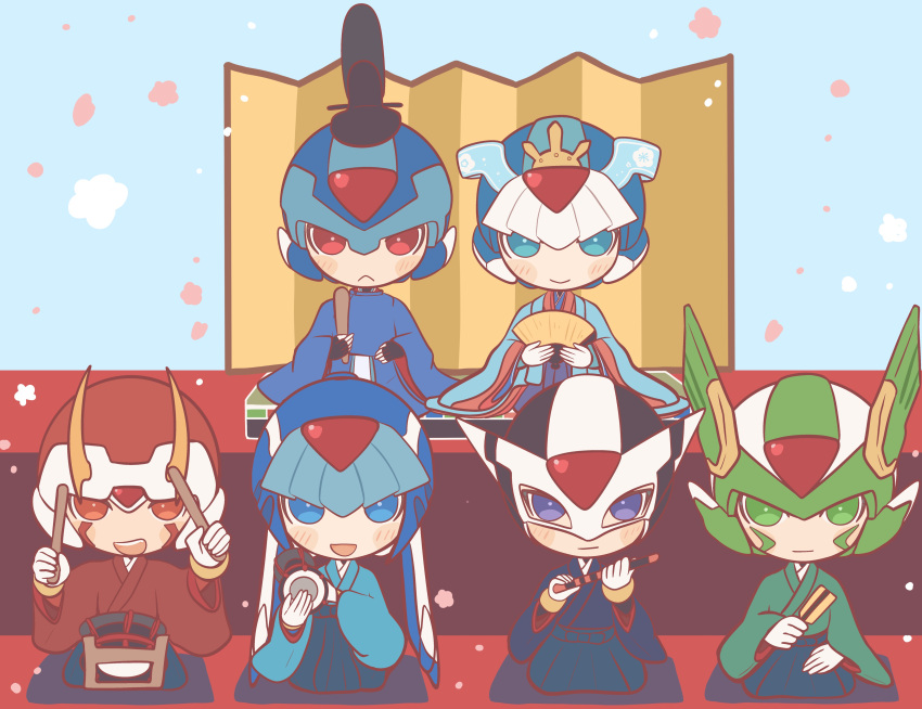 1girl 5boys absurdres black_headwear blue_eyes blue_headwear blush_stickers chibi commentary_request copy_x_(mega_man) cyber_elf_x_(mega_man) facial_mark fairy_leviathan_(mega_man) fighting_fefnir_(mega_man) forehead_jewel green_eyes green_headwear hidden_phantom_(mega_man) highres hinamatsuri holding japanese_clothes kimono kneeling mega_man_(series) mega_man_zero_(series) multiple_boys petals purple_eyes red_eyes red_headwear sage_harpuia_(mega_man) tanewiii x_(mega_man)