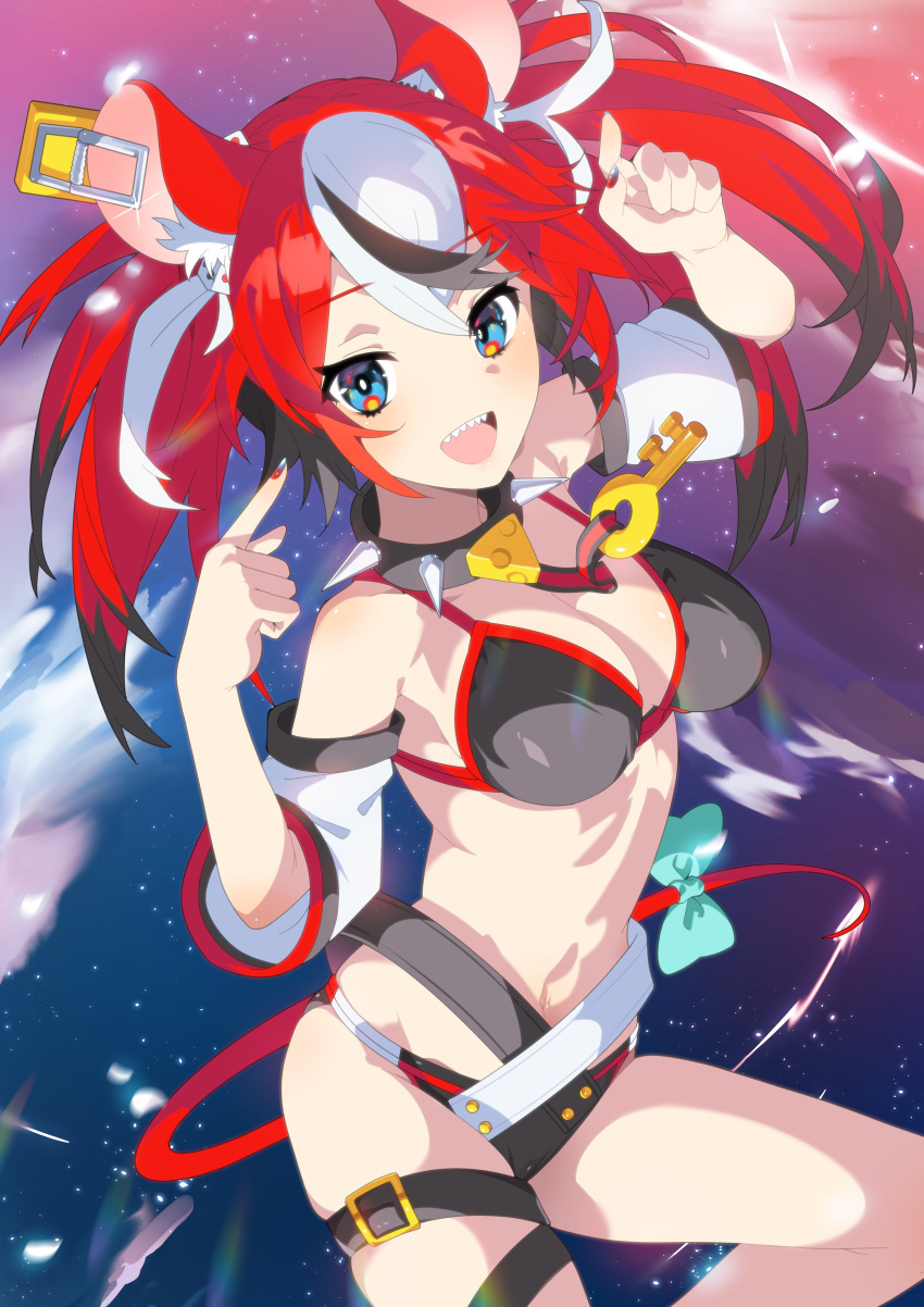 1girl absurdres animal_ears aqua_bow bikini black_bikini black_collar black_hair blue_eyes bow breasts cleavage collar commentary_request gorimaro hakos_baelz highres hololive hololive_english looking_at_viewer medium_breasts midriff mouse_ears mouse_girl mouse_tail multicolored_hair navel open_mouth red_hair red_tail sharp_teeth sidelocks skindentation solo spiked_collar spikes streaked_hair swimsuit tail tail_bow tail_ornament teeth twintails upper_body virtual_youtuber white_hair