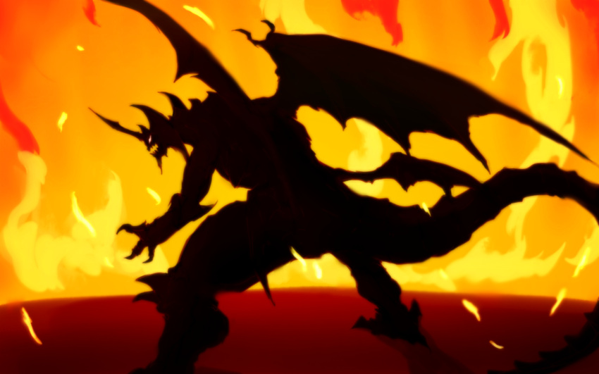 byneet carapace claws destoroyah devilman devilman_crybaby facing_away fiery_background fire godzilla_(series) godzilla_vs._destoroyah highres horns kaijuu light_particles looking_back low_wings multiple_wings open_mouth sharp_teeth silhouette single_horn spikes tail teeth white_eyes wings