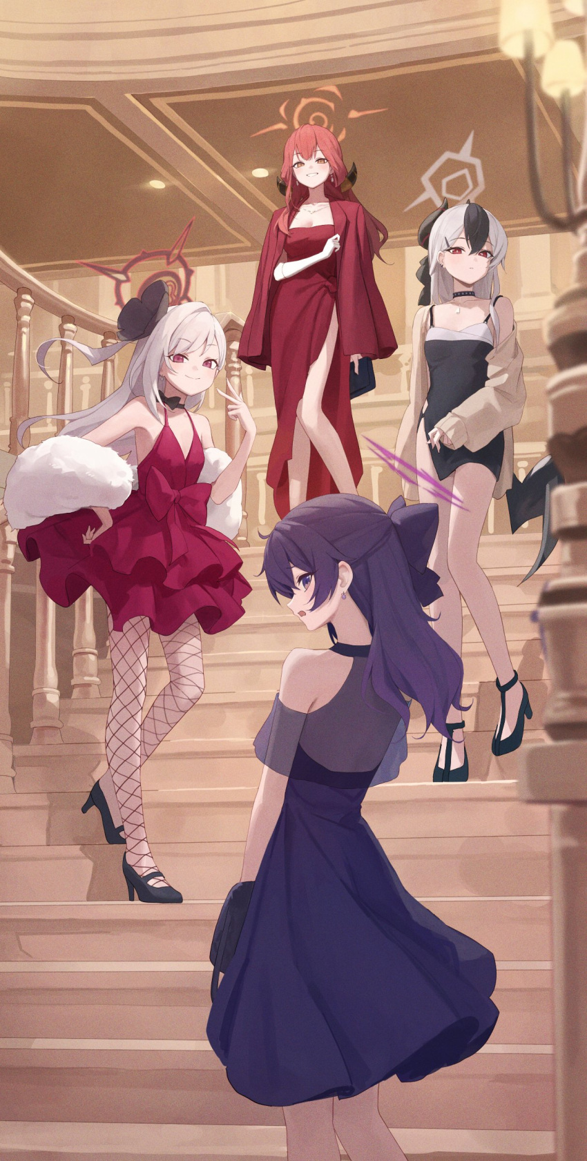4girls absurdres aru_(blue_archive) aru_(dress)_(blue_archive) black_bow black_choker black_dress black_footwear black_hair blue_archive bow bow_choker breasts choker closed_mouth dress dress_bow fishnet_pantyhose fishnets from_behind full_body gloves grey_hair halo haruka_(blue_archive) haruka_(dress)_(blue_archive) high_heels highres horns jewelry kakutasu kayoko_(blue_archive) kayoko_(dress)_(blue_archive) large_breasts long_hair long_sleeves looking_at_viewer looking_back multicolored_hair multiple_girls mutsuki_(blue_archive) mutsuki_(dress)_(blue_archive) necklace off_shoulder official_alternate_costume open_mouth pantyhose parted_lips problem_solver_68_(blue_archive) purple_dress purple_eyes purple_hair red_bow red_dress red_eyes red_hair short_sleeves smile stairs standing streaked_hair white_gloves white_hair yellow_eyes