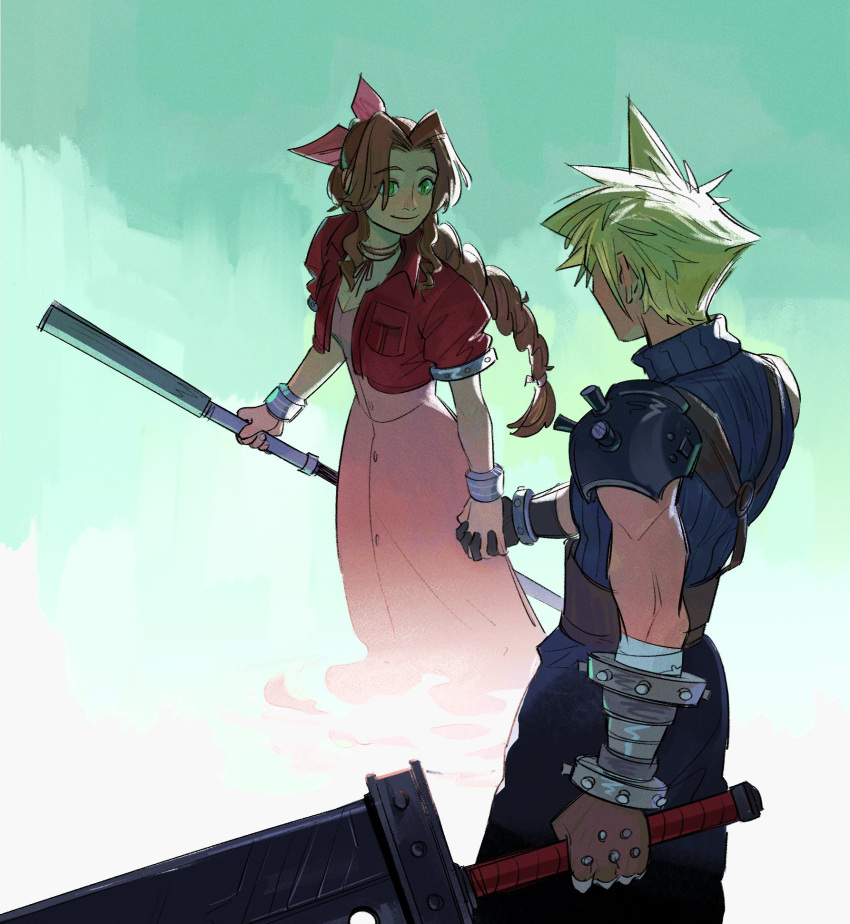 1boy 1girl aerith_gainsborough armor bandaged_arm bandages bangle belt blonde_hair blue_shirt bracelet braid braided_ponytail breasts brown_belt brown_gloves brown_hair buster_sword buttons choker cleavage closed_mouth cloud_strife couple cropped_jacket dress final_fantasy final_fantasy_vii final_fantasy_vii_rebirth final_fantasy_vii_remake gloves green_background green_eyes hair_ribbon hetero highres holding holding_hands holding_staff holding_sword holding_weapon interlocked_fingers jacket jewelry lifestream long_dress long_hair looking_at_another medium_breasts merorine parted_bangs pink_dress pink_ribbon puffy_short_sleeves puffy_sleeves red_jacket ribbon ribbon_choker shirt short_hair short_sleeves shoulder_armor single_braid single_shoulder_pad sleeveless sleeveless_turtleneck smile spiked_hair staff suspenders sword turtleneck weapon