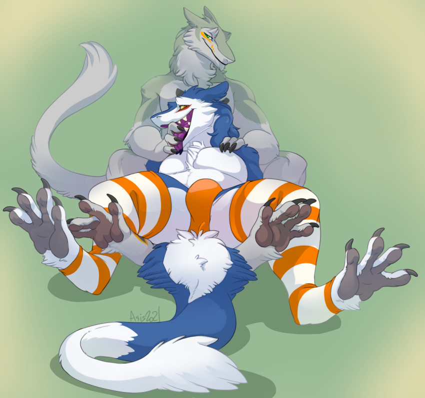 2021 bulge clothing dragonasis duo feet finger_in_mouth fur hi_res legwear looking_at_viewer markus_(dowantanaccount) neck_tuft open_mouth pawpads prehensile_feet reclining sergal sitting smile tail tail_tuft thigh_highs toes tongue tongue_out tuft underwear