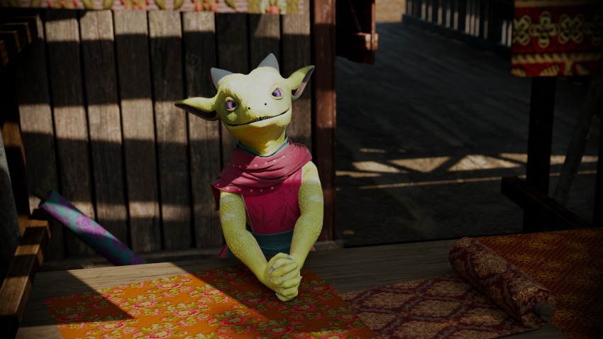 3d_(artwork) absurd_res anthro blender_(software) booth_(structure) building carpet clothed clothing digital_media_(artwork) dzat fabric female fingers green_body hi_res hopeakiilto horn kobold looking_at_viewer purple_eyes red_clothing scalie scarf shirt smile solo topwear tunic vendor_stand viuru