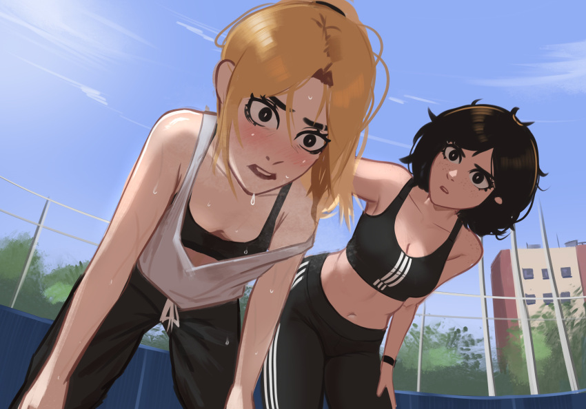 2girls absurdres adidas bent_over black_eyes black_hair blonde_hair blush body_freckles breasts cleavage confused downblouse freckles hands_on_own_knees heavy_breathing highres leaning_forward messy_hair multiple_girls navel original outdoors parted_lips ponytail sky stadium steaming_body sweat sweatdrop teeth tomboy upper_teeth_only vertical-striped_sports_bra veyonis