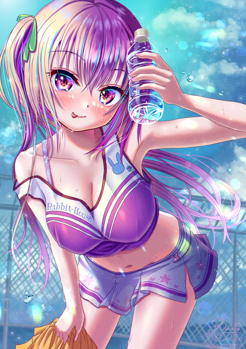 1girl 2023 :p alternate_costume animal_print bare_arms bare_shoulders blue_sky blush bottle breasts cheerleader cleavage closed_mouth cloud collarbone commentary_request covered_nipples cowboy_shot dated day eyelashes floating_hair gochuumon_wa_usagi_desu_ka? green_ribbon hair_between_eyes hair_ribbon hand_on_own_thigh hand_up head_tilt highres holding holding_bottle holding_pom_poms large_breasts leaning_forward lens_flare long_hair looking_at_viewer miniskirt navel outdoors pom_pom_(cheerleading) purple_eyes purple_hair rabbit_print ribbon rouge_(my_rouge) signature skirt sky smile solo sports_bra star_(symbol) star_print strap_slip sweat tedeza_rize tongue tongue_out twintails twitter_username very_long_hair water_bottle water_drop white_skirt