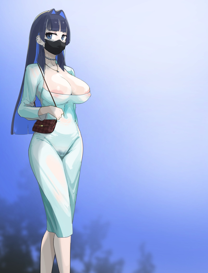 1girl areola_slip bag black_hair black_mask blue_background blue_hair blunt_bangs breasts chain_necklace colored_inner_hair covered_navel dongtan_dress dress ear_piercing gradient_background hair_intakes handbag highres hololive hololive_english jacket jewelry large_breasts long_hair long_sleeves looking_at_viewer mask mdthetest meme_attire mouth_mask multicolored_hair necklace no_bra no_panties ouro_kronii pencil_dress piercing pubic_hair see-through skindentation solo virtual_youtuber white_background white_dress white_jacket
