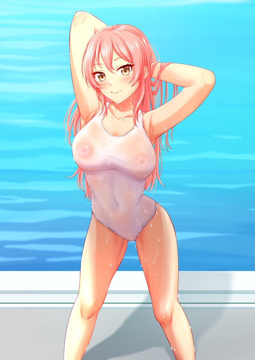 1girl armpits arms_behind_head arms_up bare_legs blush breasts collarbone covered_navel covered_nipples feet_out_of_frame highres idolmaster idolmaster_cinderella_girls jougasaki_mika large_breasts looking_at_viewer nipples one-piece_swimsuit pink_hair presenting_armpit see-through_swimsuit smile solo standing straight_hair swimsuit tanjunde water_drop white_one-piece_swimsuit yellow_eyes