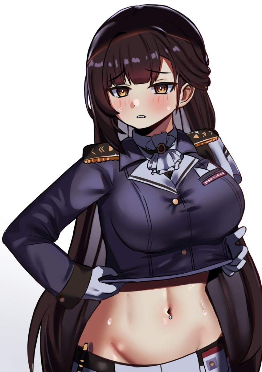 1girl absurdres ascot belt black_belt black_jacket blush breasts brown_eyes brown_hair clothes_lift commentary cowboy_shot crop_top cropped_jacket epaulettes gloves goddess_of_victory:_nikke groin highres id_card iog626 jacket jacket_lift large_breasts lifted_by_self long_hair marciana_(nikke) midriff military_jacket military_uniform name_tag navel navel_piercing pants parted_lips piercing riding_crop sidelocks simple_background solo standing sweat tight_clothes tight_pants uniform very_long_hair white_ascot white_background white_gloves white_pants