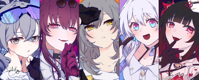 5girls :d black_gloves blue_eyes bow brown_hair collarbone collared_shirt column_lineup criss-cross_halter crossed_bangs finger_to_mouth fingerless_gloves fox_mask frown gloves gradient_hair grey_eyes grey_hair hair_between_eyes hair_bow halterneck hand_on_own_head highres honkai:_star_rail honkai_(series) kafka_(honkai:_star_rail) komepikopi long_hair looking_at_viewer march_7th_(honkai:_star_rail) mask mask_on_head multicolored_hair multiple_girls nail_polish open_mouth pink_eyes purple_eyes purple_gloves purple_hair red_bow red_hair red_nails round_eyewear shirt silver_wolf_(honkai:_star_rail) single_glove smile sparkle_(honkai:_star_rail) stelle_(honkai:_star_rail) sunglasses trailblazer_(honkai:_star_rail) twintails two-tone_eyes white_hair white_shirt yellow_eyes
