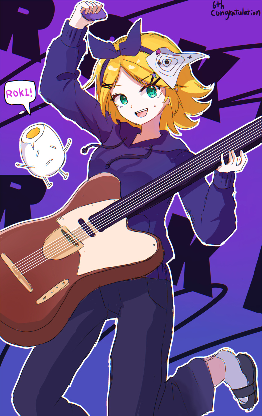 1girl :d absurdres ankle_socks arm_above_head black_footwear blonde_hair bow character_request flipped_hair green_eyes guitar hair_bow hair_ornament hairclip hardboiled_egg headband highres holding holding_guitar holding_instrument hood hood_down hoodie instrument instrument_request kagamine_rin long_sleeves open_mouth paper paper_on_head personification purple_background purple_hair purple_hoodie roki_(vocaloid) smile socks solo speech_bubble star_(symbol) star_hair_ornament sweat target teeth umuloctober upper_teeth_only vocaloid white_socks