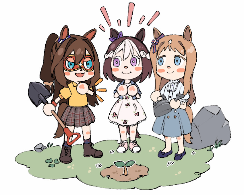 3girls animal_crossing animal_ears aqua_eyes blue_eyes blue_footwear blue_jacket blue_skirt blush_stickers boots bow brown_hair closed_mouth domino_mask dress ear_bow el_condor_pasa_(umamusume) flats full_body grass_wonder_(umamusume) hand_on_own_hip highres holding holding_shovel horse_ears horse_girl horse_tail jacket long_hair looking_at_another mask multiple_girls oo_sungnim open_mouth ponytail purple_eyes rock shirt shoes short_hair shovel skirt smile special_week_(umamusume) sprout standing tail umamusume watering_can white_background white_dress white_footwear white_shirt yellow_shirt