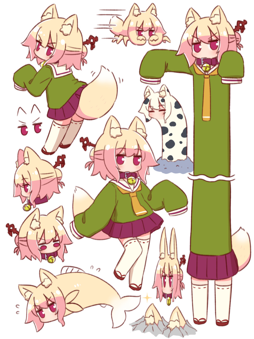 1girl animal animal_ear_fluff animal_ears animalization bell blonde_hair collar commentary_request crab fish fox_ears fox_girl fox_tail garden_eel green_shirt hair_between_eyes hair_bun hair_ornament highres jingle_bell kemomimi-chan_(naga_u) long_sleeves multiple_views naga_u neck_bell original pleated_skirt purple_collar purple_eyes purple_skirt red_footwear ribbon-trimmed_thighhighs ribbon_trim sandals shirt simple_background skirt sleeves_past_fingers sleeves_past_wrists tail thighhighs v-shaped_eyebrows white_background white_thighhighs zouri