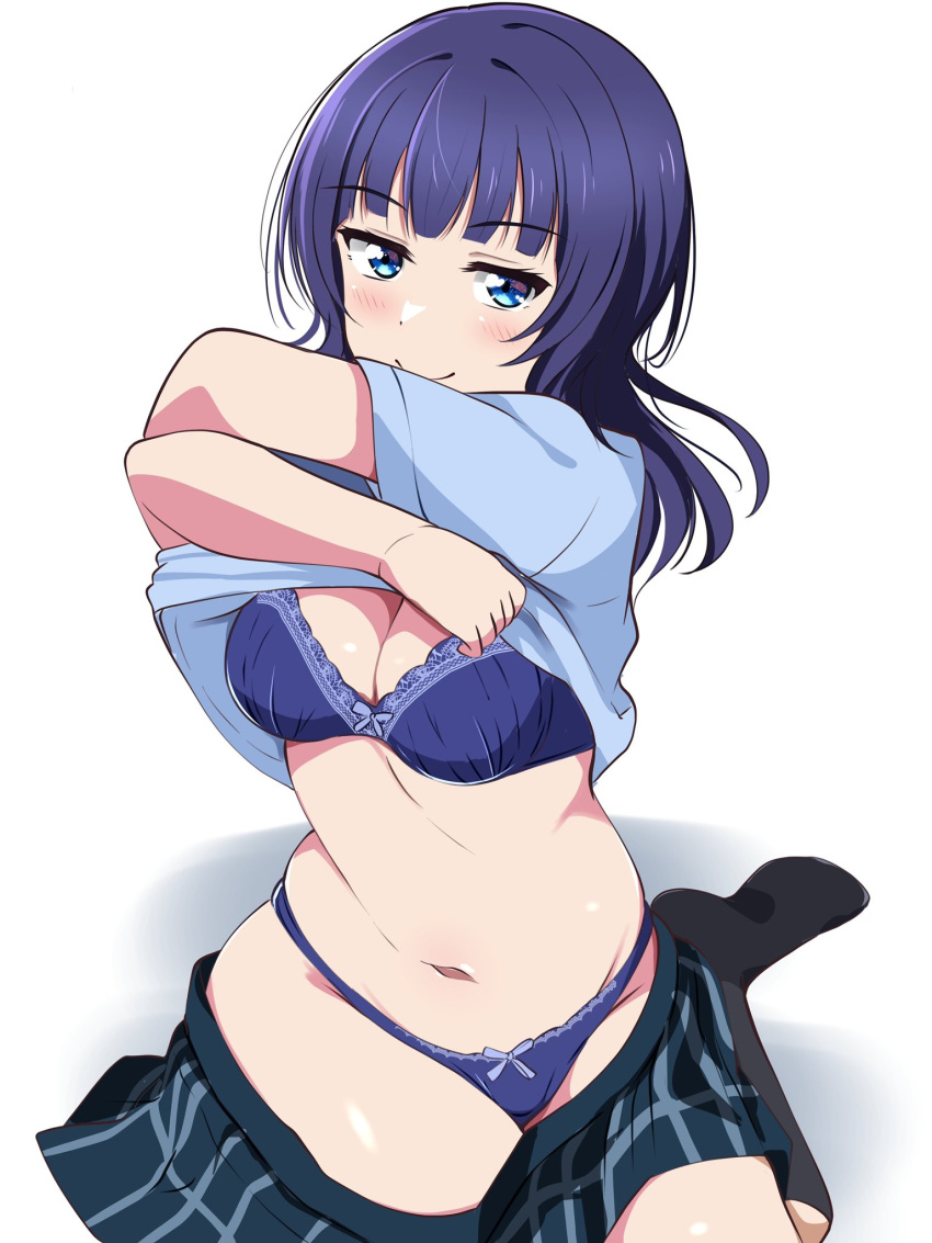 1girl asaka_karin black_socks blue_bra blue_eyes blue_hair blue_panties blue_shirt blue_skirt blunt_bangs blush borgbutler bow bow_panties bra breasts choppy_bangs cleavage closed_mouth clothes_lift clothes_pull collared_shirt highres kneehighs lace-trimmed_bra lace_trim lifted_by_self looking_at_viewer love_live! love_live!_nijigasaki_high_school_idol_club medium_breasts medium_hair miniskirt nijigasaki_academy_school_uniform no_shoes panties plaid plaid_skirt pleated_skirt school_uniform shirt shirt_lift short_sleeves sitting skindentation skirt skirt_pull smile socks solo summer_uniform twisted_torso underwear undressing